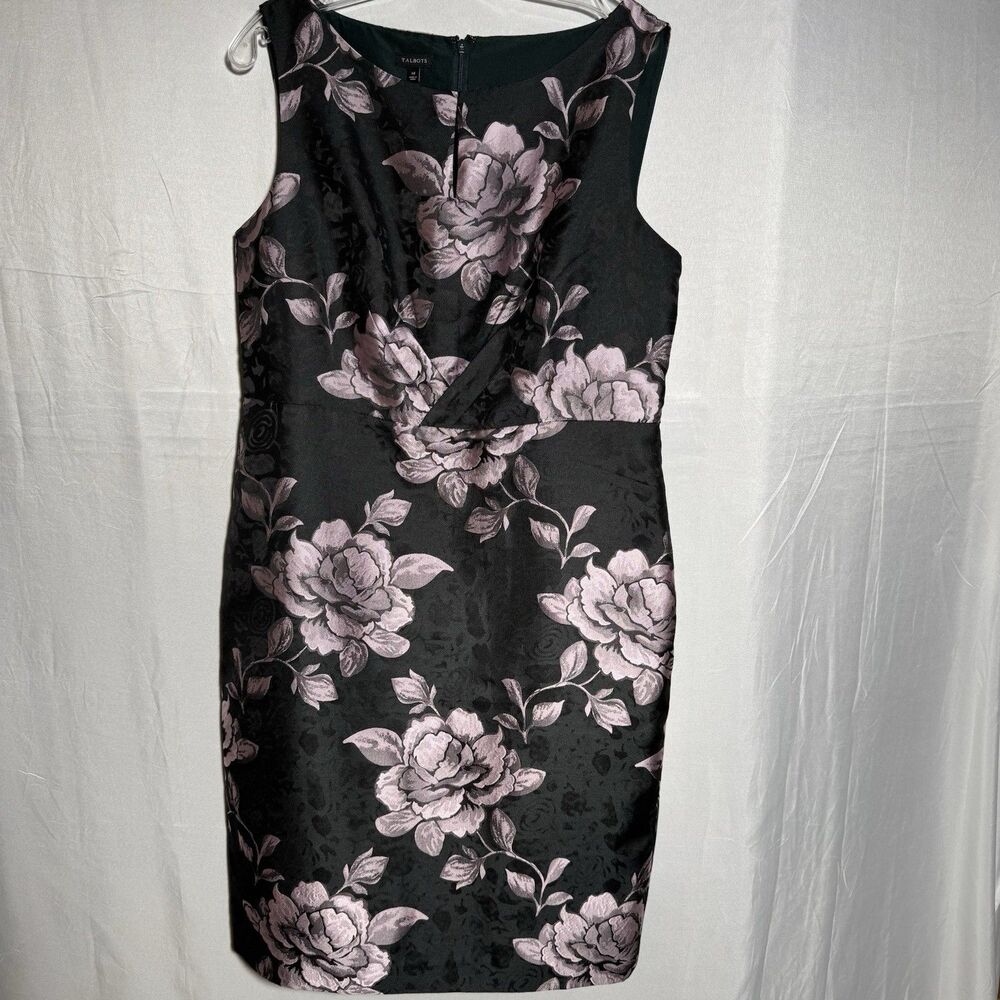 Talbots Black Floral Sheath Dress Pink Roses Sleeveless Size 14 Cocktail Wedding